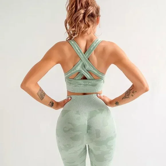 3Pc Camo Green Seamless set (Leggings, Bra, Long Sleeve Crop Top) - Picture 6 of 12
